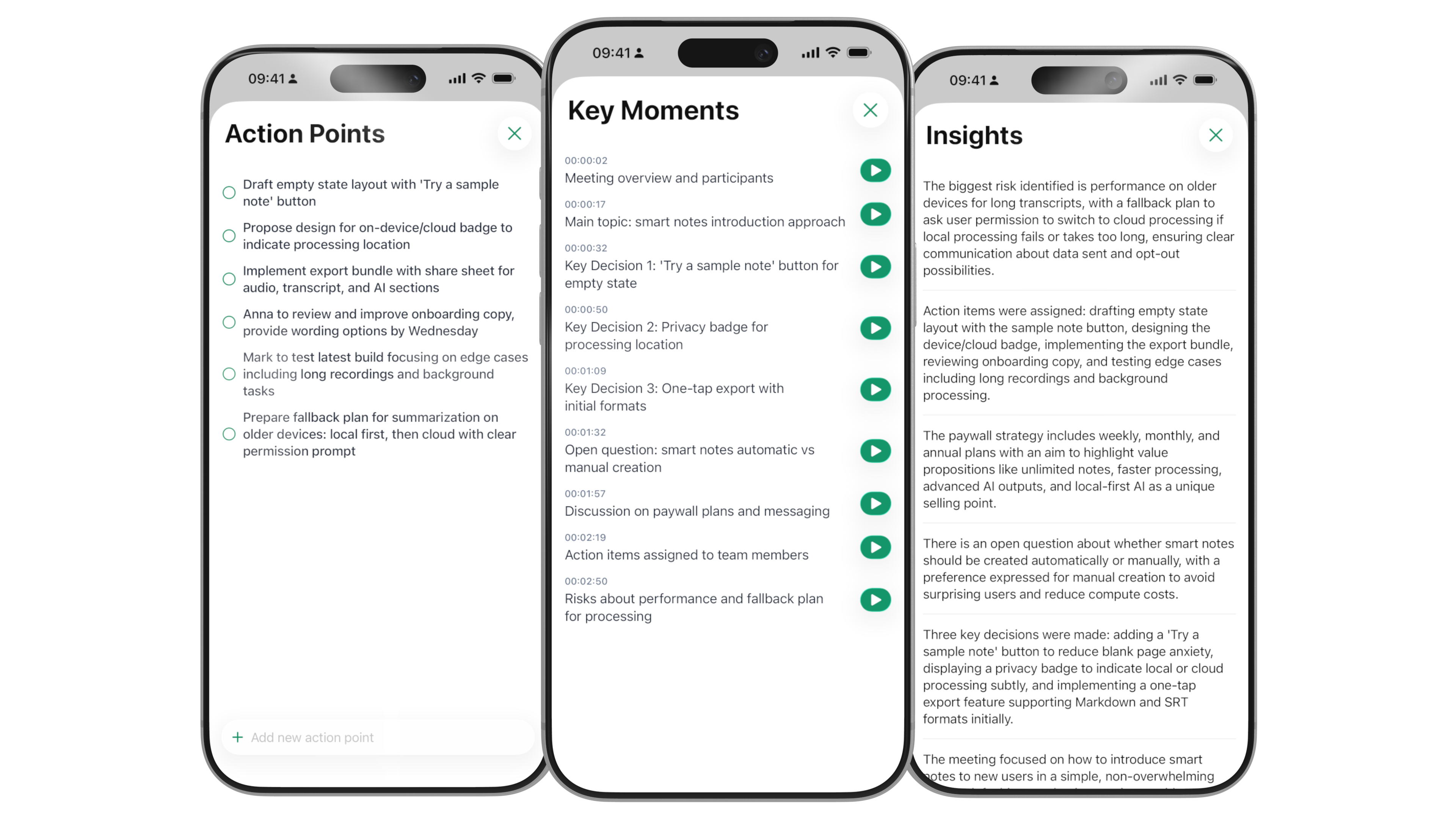 Nota preview showing action points, insights, and key moments