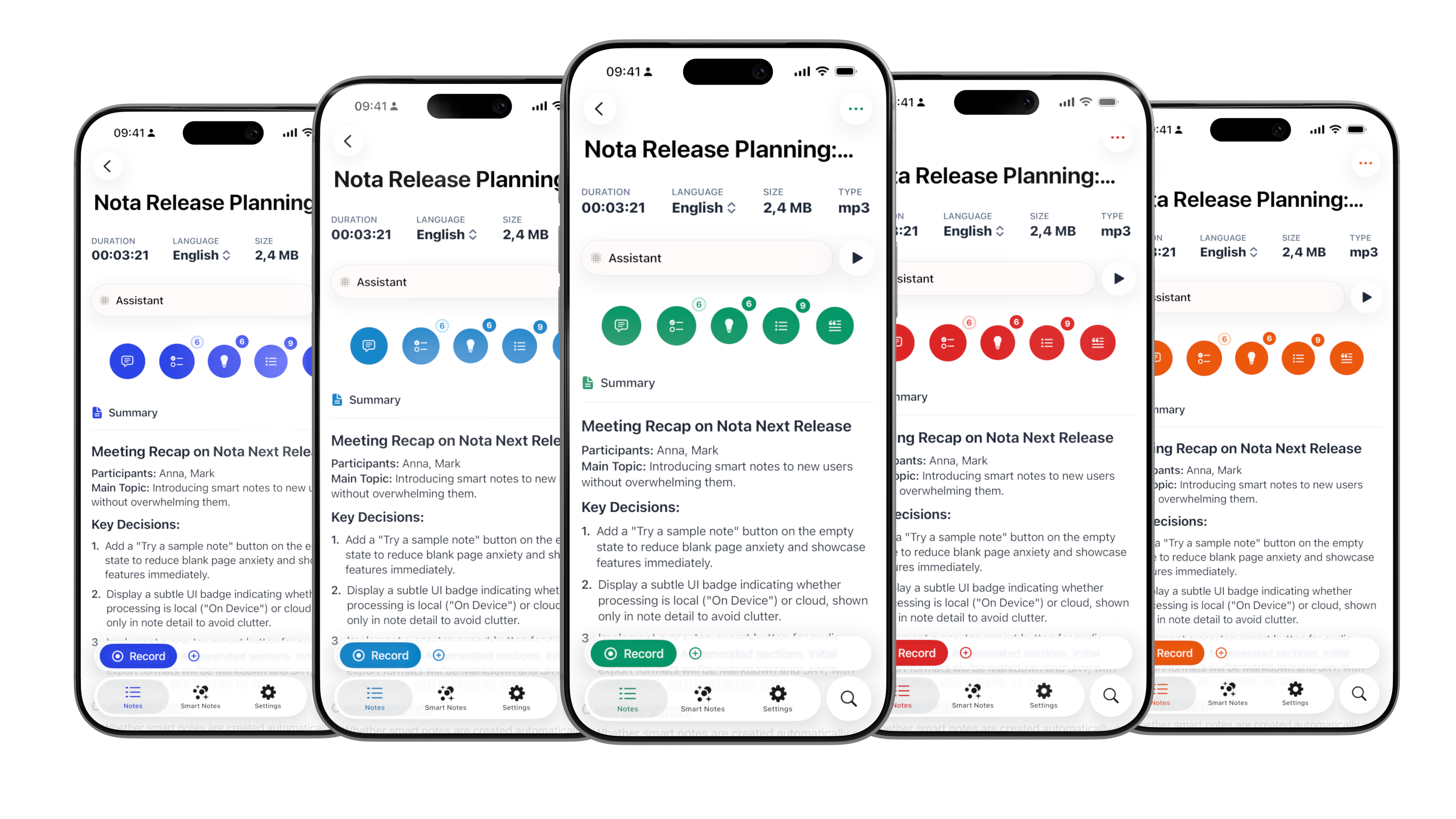 Nota phone screens with accent color variations